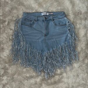 Denim Fringe High-Rise Jean Shorts in Light Blue